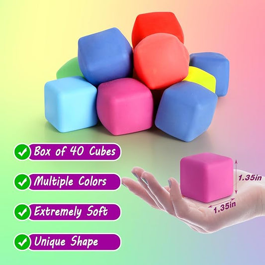 40 Pack Slow Rising Stress Cube Fidget Toys, Squishy Balls Sensory Fidget Toys for Kids Adults, Square Shape Fidgets for Classroom, Party Favors Pull Stretch Squishy Toy Classroom Prize Box Toys
