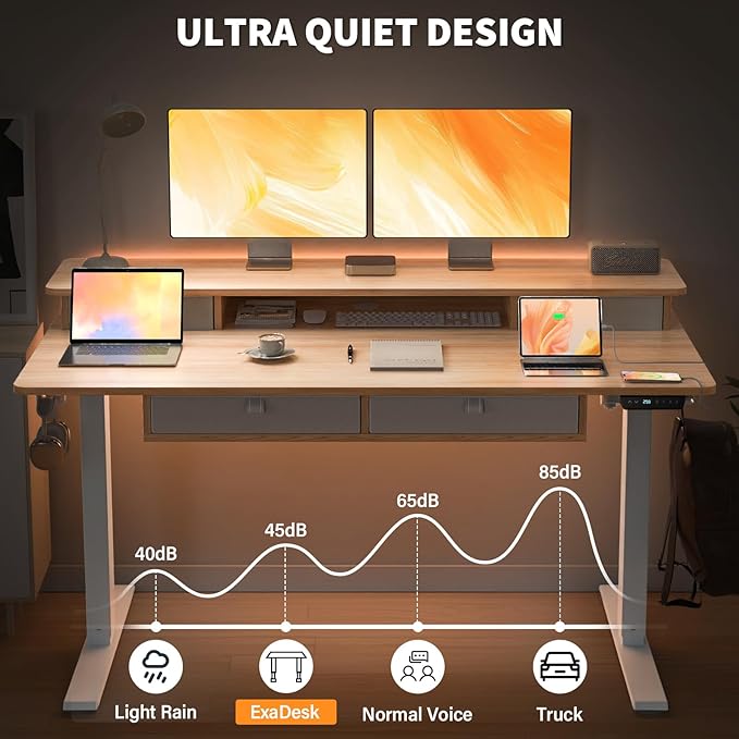 48 * 30 Inches Electric Standing Widened Desk Adjustable Height with 4 Drawers, Double Storage Shelves, Home Office Workstation Sit Stand up Desk (Nature)