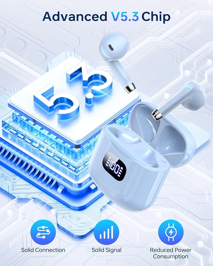 Wireless Earbuds Bluetooth 5.3 Headphones, 40Hrs Playback Stereo Ear Buds with LED Display Charging Case IPX7 Waterproof in-Ear Earphones with Mic for Phone Tablet Laptop Sports, Blue