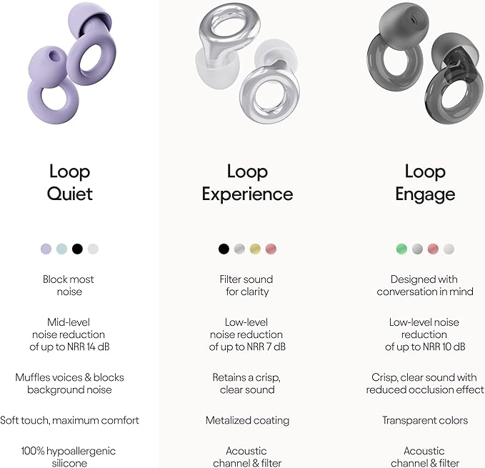 Loop Quiet Ear Plugs for Noise Reduction – Super Soft, Reusable Hearing Protection in Flexible Silicone for Sleep, Noise Sensitivity - 8 Ear Tips in XS/S/M/L – 24dB & NRR 14 Noise Cancelling - Violet