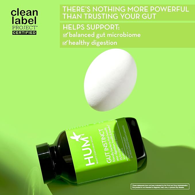 HUM Gut Instinct Daily Probiotics for Women and Men, Digestive Health, Lactobacillus, Bifidobacterium Strains for Immune Support, Probiotic Supplement for Healthy Gut Diversity, 90 Capsules