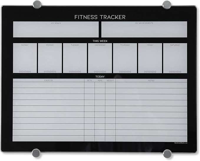 GLASSBOARD STUDIO High-End Tempered Glass Dry Erase Whiteboard - Ideal Planner, Goal and Task Board for Fitness Tracking - Perfect Schedule Board for Home, Apartment, and Gym Use (13.5in x 18in)