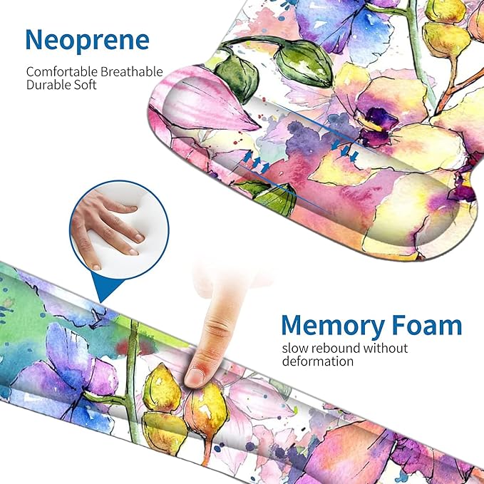 RICHEN Keyboard Wrist Rest Pad and Mouse Wrist Rest Support Mouse Pad Set,Sturdy & Comfortable & Lightweight for Easy Typing & Pain Relief-Ergonomic Support (Watercolor Flowers)