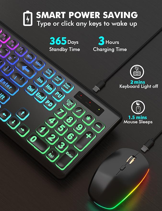 Wireless Keyboard and Mouse Combo - Large Print, RGB Backlit, Oversize Light Up Letters, Rechargeable, Ergonomic Tilt Leg, Sleep Mode, 2.4GHz Quiet Keyboard Mouse for Mac, Windows, Laptop, PC, Trueque