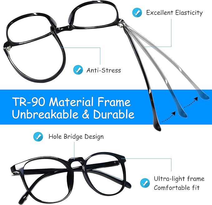 Blue Light Blocking Glasses for TV Phone Computer Gaming Screen Men and Women, TR90 Frame, Anti Eyestrain UV, 2 Pack