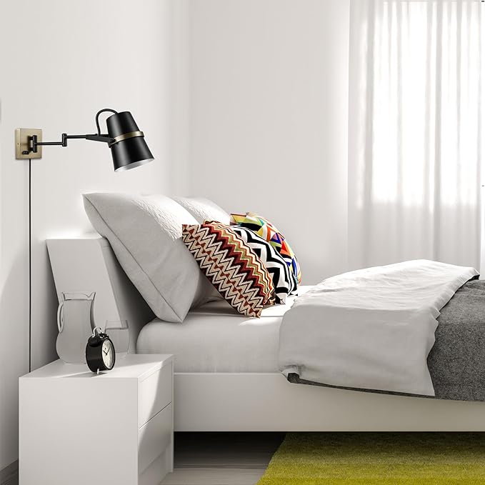 GLOBE Electric 51345 1-Light Plug-in or Hardwire Swing Arm Wall Sconce, Matte Black, Brass Accents, 6ft Black Woven Fabric Cord, Flat Plug, Rotary On/Off Switch, Wall Lighting, Bulb Not Included