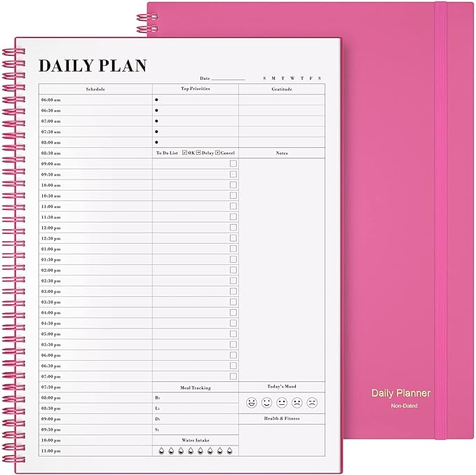 Planner Undated, Asten Daily Planner Agenda with to Do List, Hourly Schedules for Women and Men, Spiral Appointment Book with Elastic Closure, Inner Pocket 8.5" x 11" (Pink)