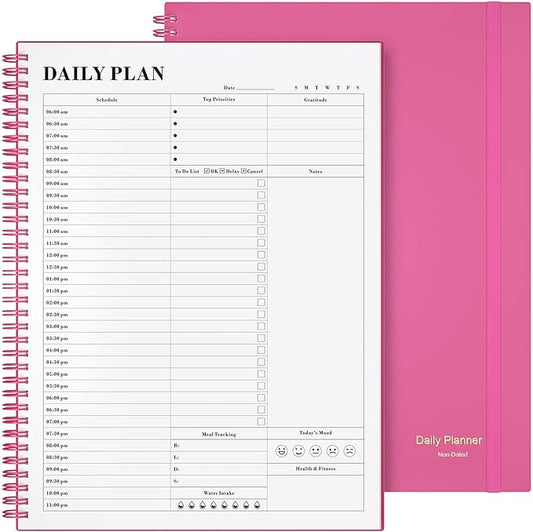 Planner Undated, Asten Daily Planner Agenda with to Do List, Hourly Schedules for Women and Men, Spiral Appointment Book with Elastic Closure, Inner Pocket 8.5" x 11" (Pink)