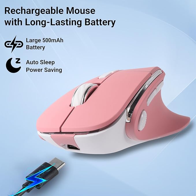 Ergonomic Mouse Jiggler,Bluetooth Vertical Wireless Mouse,LED Rechargeable Optical Computer Mice, Portable(BT5.2 or USB 2.4GHz) Dual Mode,1000/1600/2400 DPI,8 Buttons for Laptop,PC,Macbook (pink)