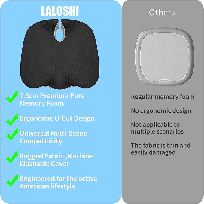 Car Seat Cushion,U-Shaped Memory Foam Seat Cushion for Back Pain Relief - 2.8In Thick Ergonomic Car & Office Chair Pad with Coccyx Cutout, Removable Cover,Universal Fit, Easy to Install(Black)