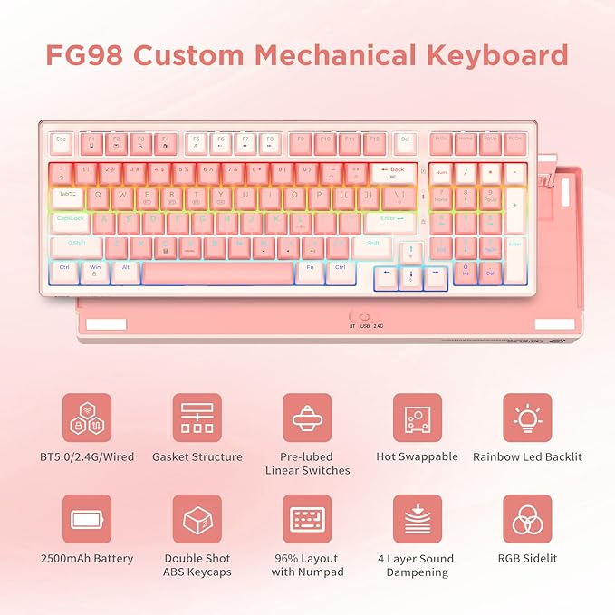 HUO JI 96% Wireless Mechanical Keyboard, Hot Swappable, Pre-lubed Blue Switches, Gasket Structure, Bluetooth/2.4GHz/USB-C, Led Backlit Sidelit, Custom Gaming Keyboard for PC (Pink)