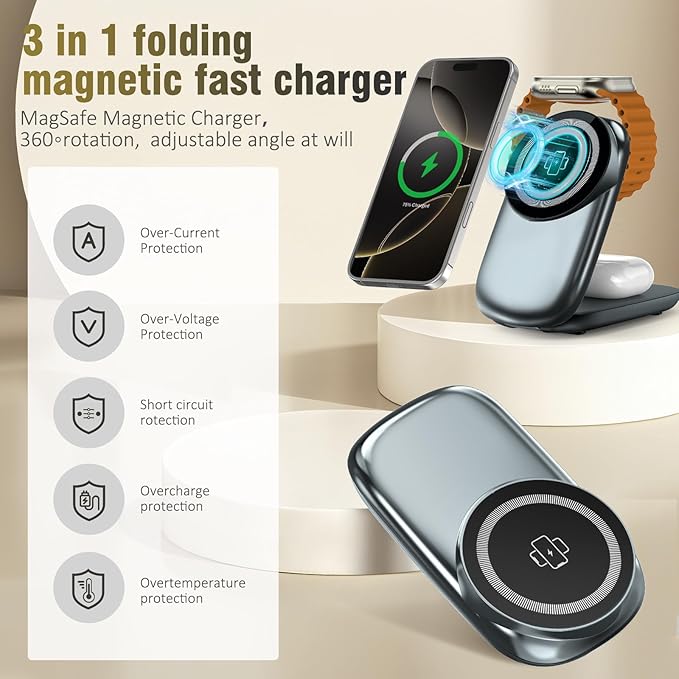3 in 1 Folding Charging Station for iPhone 16e/16/15/14/13/12 Compatible with Apple Watch 10/9/8/7/6/5/4/3 Ultra,Wireless Charging Station for Airpods/4/3 pro