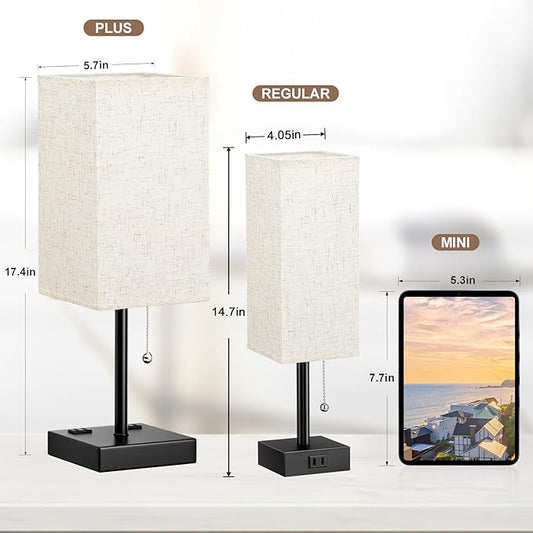 Table Lamps for Bedroom Set of 2 Nightstand - 17.4In Tall, 3 Color Bedside Lamps with AC Outlets and USB A & C for Charging, Square Night Stand light Lamp, End Table Lamp for Living Room/Dorm/Office