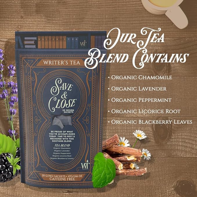 Writer's Tea Save & Close - Nighttime Tea - Chamomile, Lavender, Peppermint, Licorice Root, and Blackberry Leaves Tea Blend - Caffeine Free - 20 Woven Sachets