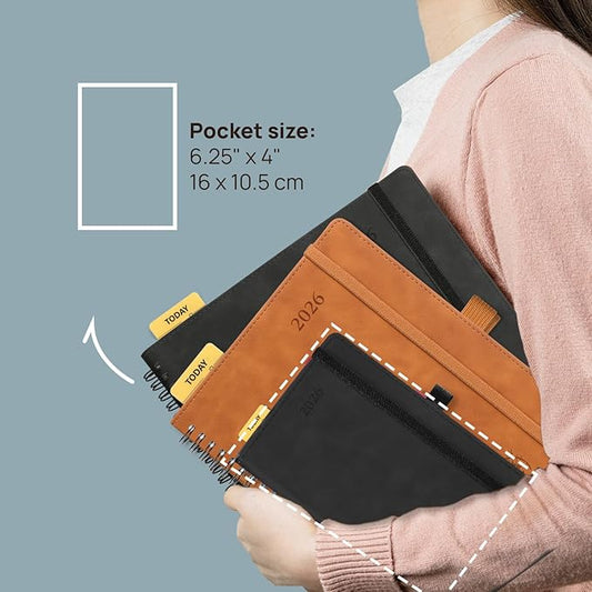 POPRUN 2026 Planner Weekly Notebook (Jan-Dec), Small Size 4''x 6.25'' - 2026 Pocket Calendar for Purse with Spiral Soft Cover, Plastic Ruler, Inner Pocket, 100 GSM - Claret