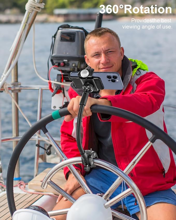 Gooseneck Phone Holder for Wheelchair, Stroller, Golf Cart, Boat, Mic Stand, Indoor Cycling Bike, Gym Bicycle Handlebar Clamp, Compatible with iPhone 16 Pro Max/15/14/13/12, Android and All Smartphone