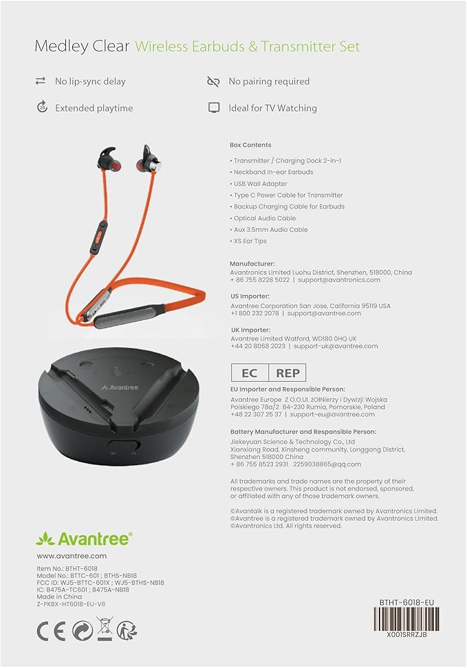 Avantree Medley Clear - Wireless Earbuds for TV Listening & Watching with Transmitter & Charging Dock, Clear Dialogue, Enhanced Volume, Soundbar Passthrough, 20H Bluetooth Neckband Headphones