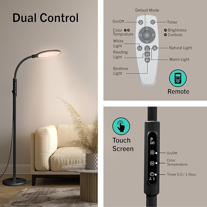 PRIMETEK Happy Lamp10000 Lux Mood Lamp, Dual Control Remote,Touch Screen Sad Lamp, Adjustable LED Floor Lamp, UV-Free Sun Light, 5 Color Temperatures 10 Brightness Levels (Black)
