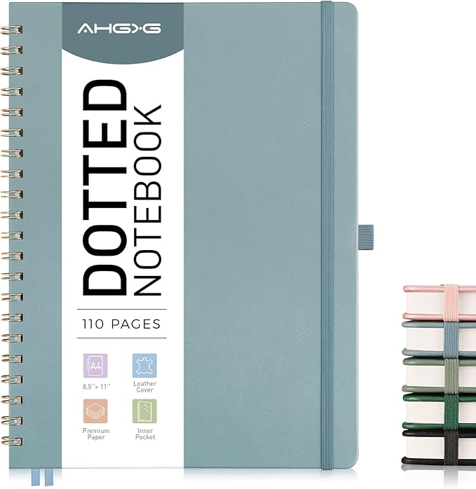 AHGXG Bullet Dotted Journal Spiral Notebook 8.5" x 11", Large A4 Leather Hardcover Dotted Notebook, 100 GSM Thick Dot Grid Paper, Inner Pocket, for Bullet Journaling, GrayBlue