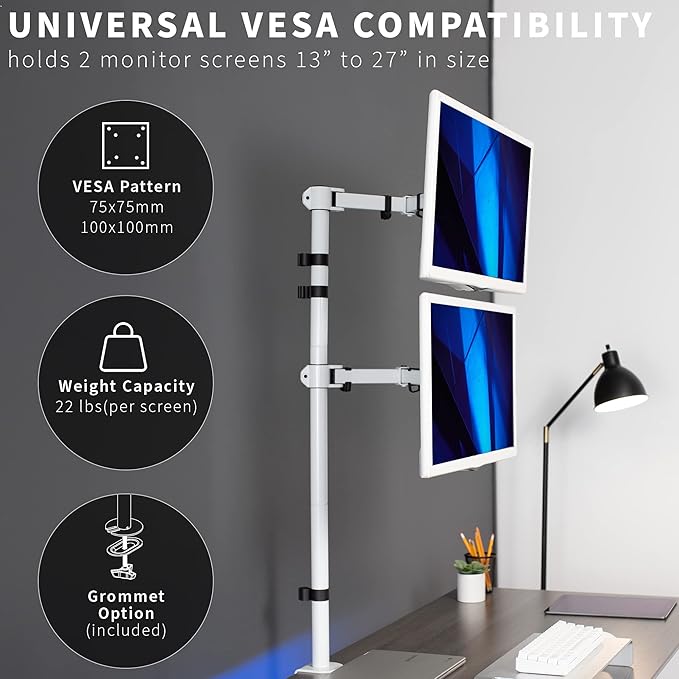 VIVO Extra Tall Vertically Stacked Dual Monitor Desk Mount Stand with 39 inch Stand-up Pole, Fully Adjustable Extended Arms, Fits 2 Screens up to 27 inches, White, STAND-V012TW