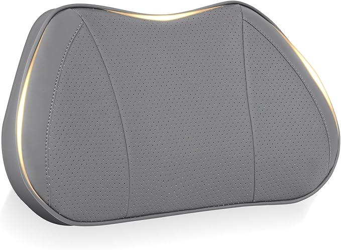 Lumbar Support Pillow for Car, Premium Leather Memory Foam Lumbar Cushion for Lower Back Pain Relief, Universal Back Support for Driving, Home & Office Chairs, Gray, 1 Pack