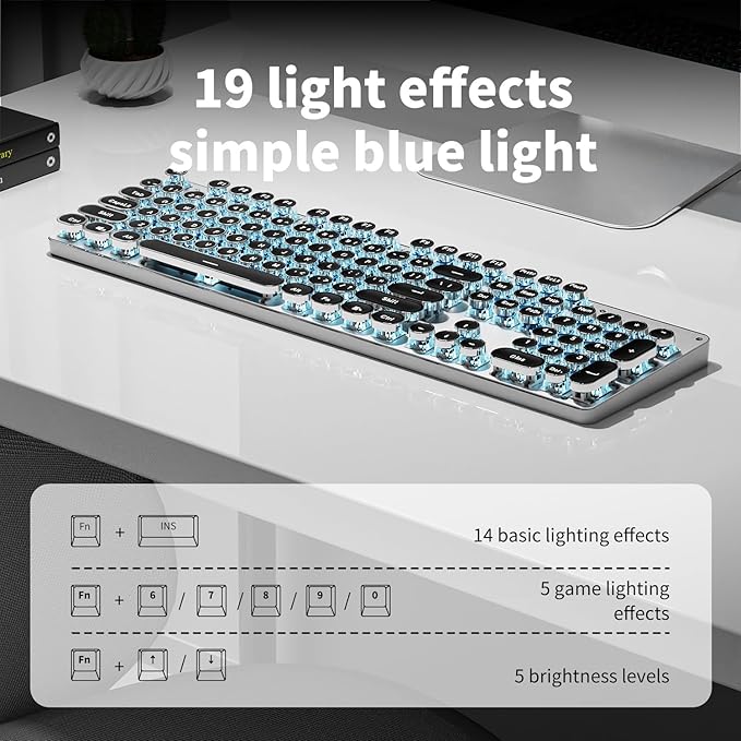 EWEADN TK950 Typewriter Keyboard Wireless Mechanical Keyboard, 104 Keys Aesthetic Typewriter Keyboards with Blue Backlit, Anti-Ghosting, Blue Switch Bluetooth/2.4GHz/Wired Cute keyboards-Black