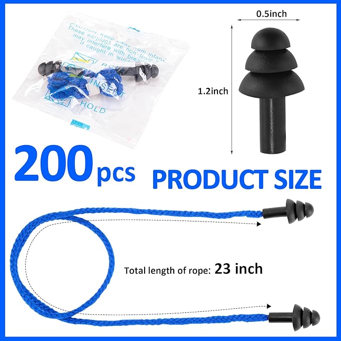 Xuhal 200 Pair Corded Ear Plugs Reusable Silicone Earplugs Individually Wrapped Hearing Protection Sleep Noise Cancelling for Work Construction Shooting Sports Noise Reduction(Blue, Black)