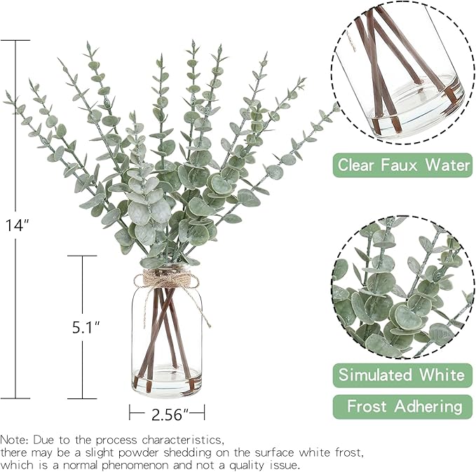 Artificial Eucalyptus Stems in Glass Vase with Faux Water,Artificial Plants Eucalyptus Leaves for Shelf Desk Bathroom Farmhouse Room Coffee Table Home Decor, Central Decoration.