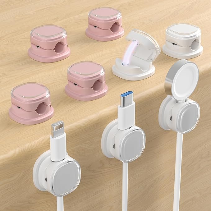 Magnetic Cable Clips, Adjustable Cord Holder Management, Adhesive Wire Keeper Organizer for Home Office Desk Phone PC Car Wall Desktop Nightstand Appliance (9-PCS White & Purple)