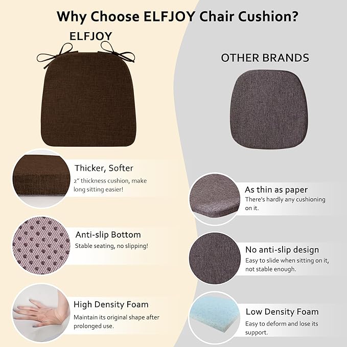 ELFJOY Chair Cushions for Dining Chairs Kitchen Chair Cushions U Shape Non Slip Chair Pads Set of 4 Seat Cushions with Ties Indoor 16.7" x 16" Coffee