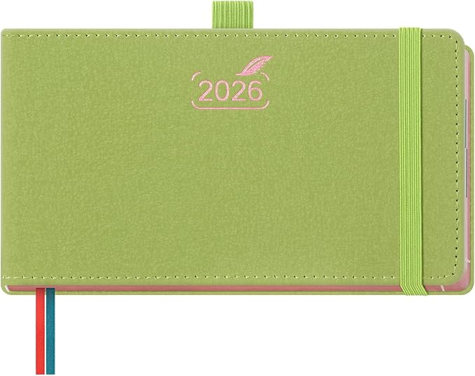 BEZEND Pocket Calendar 2026 Weekly and Monthly (6.5" x 3.75") Horizontal Planner with Vertical Hourly Timeslots, Bookmarks & Inner Pocket, Vegan Leather Hardcover - Fruit Green