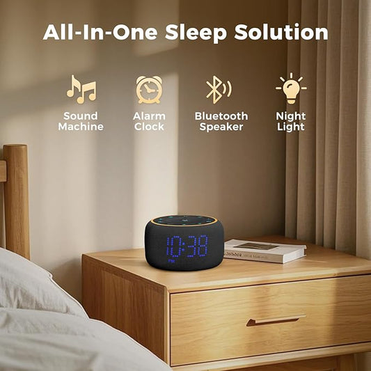 White Noise Machine Alarm Clock: Auto-Dimmable Clock for Bedrooms - 5W Stereo Bluetooth Speaker - Sound Machine with 24 Sleep Sounds for Adults Kids