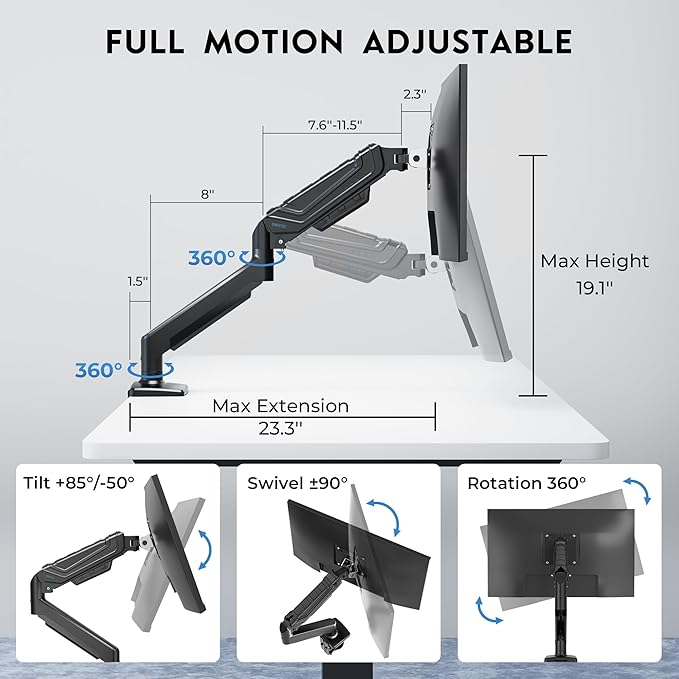 BONTEC Monitor Arm for 15–34 Inch Screens, Ergonomic Gas Spring Single Monitor Mount, Full Motion Desk Stand with Tilt Swivel Rotation, VESA 75x75mm 100x100mm, C Clamp, Grommet Base, Cable Management