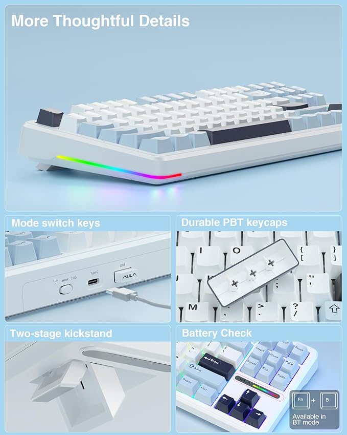 AULA F87 Wireless Mechanical Keyboard, 75% TKL Custom Hot Swappable Gaming Keyboards with PBT Keycaps, Pre-lubed Greywood Switches, RGB Backlit Creamy Keyboard, 2.4GHz/USB-C/BT5.0