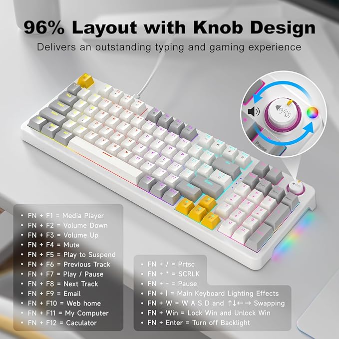GEEZER AK96 Mechanical Gaming Keyboard - Pre-Lubed Red Switches, 96 Keys Full Size with LED Colorful Backlit, Clicky Creamy Sound, USB Wired Computer Keyboard with Volume Knob for PC, Mac, Windows
