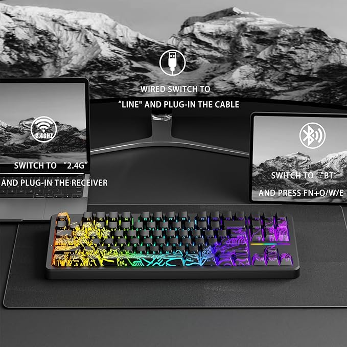 EWEADN X87 Wireless Mechanical Keyboard ASMR,10000mAh Battery, 75% Keyboard with Huano Arctic Switch BT5.0/2.4GHz/USB-C Topographic Keycaps Hot Swappable Custom Keyboards, Gasket Structure-Black