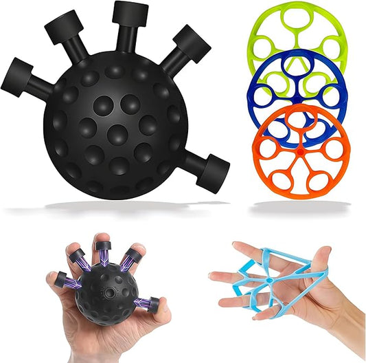 Finger Grip Strength Trainer Kit (4 Pack) with Forearm Strengthener Ball & Finger Extension Exerciser, Hand Grippers Balls for Improve Control and Coordination for Climbing Guitar Workout
