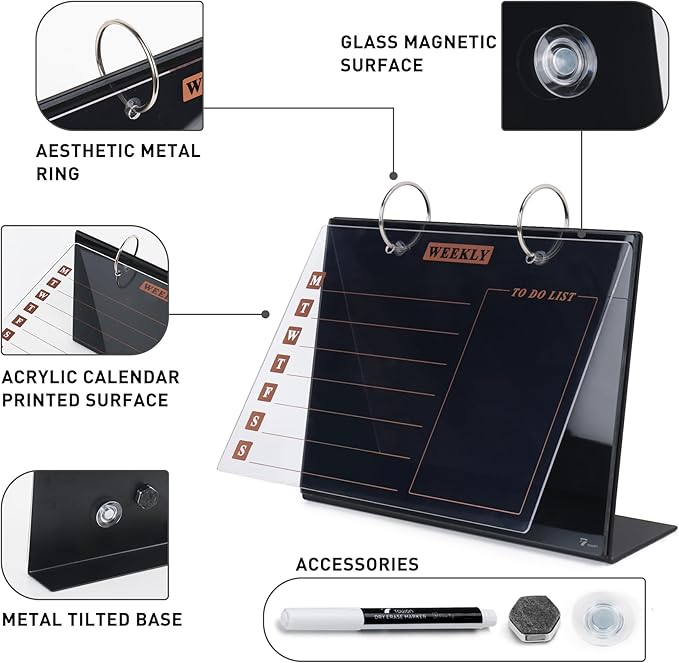 Desktop Glass Dry Erase & Acrylic Aesthetic Desk Calendar Weekly to-do List Combo, Small Magnetic Standing Whiteboard, Desk Flip Easel Calendar with Accessories for Home Office Supply, Black, 9 x 7''