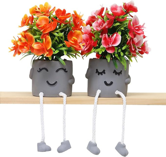 Zerzsy Cute Artifical Plants in Cement Pots, Small Fake Plants for Office Decorations, Mini Faux Succulents for Home Desk Shelf Decor-Set of 2