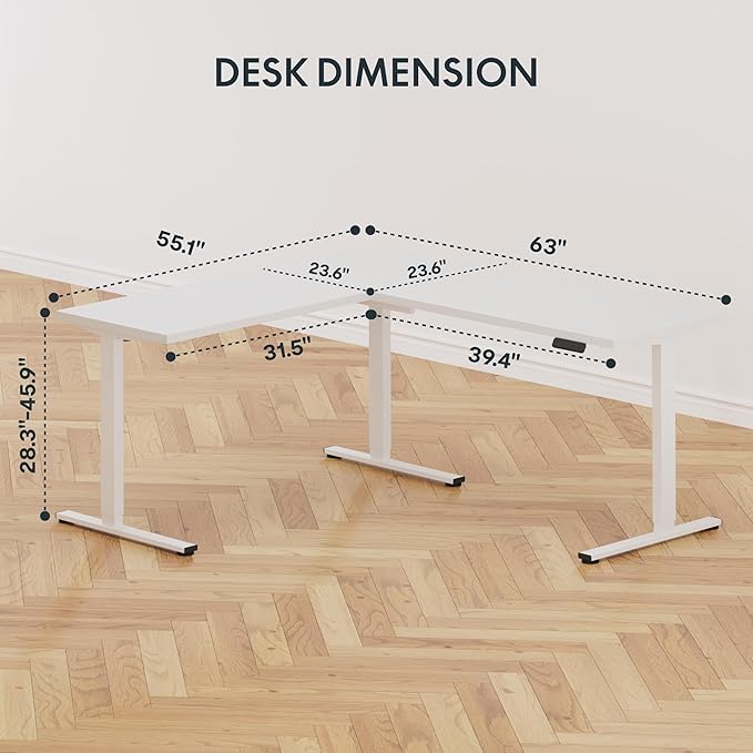 SANODESK L Shaped Standing Desk Adjustable Height, Electric Corner Standing Desk, 63 x 55 inch Sit Stand Computer Table with Splice Board, White