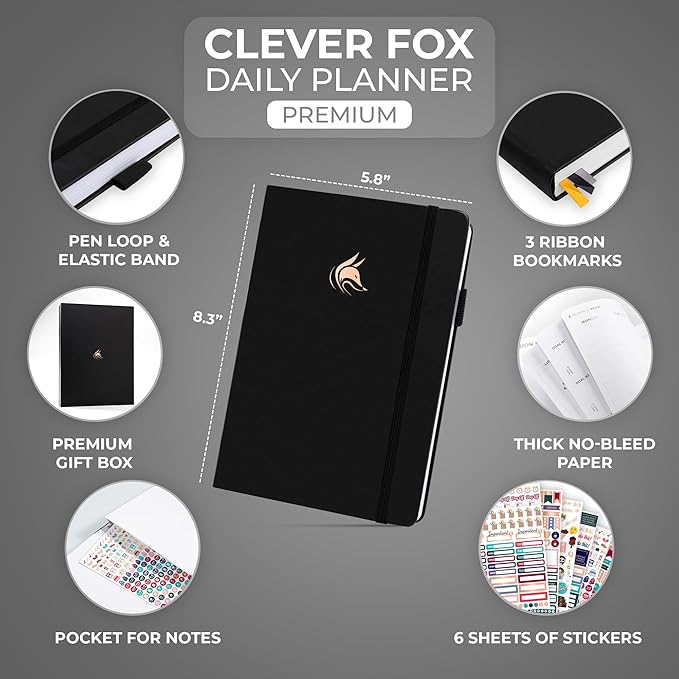 Clever Fox Planner Daily Premium – Undated Daily Planner with Hourly Schedule, Personal Organizer, Productivity Journal, 6 Months (Black)