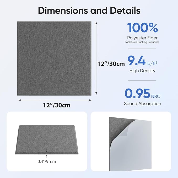 12 Pack 12" X 12" X 0.4" Acoustic Panels for Wall Sound Absorbing, Square Self-Adhesive Sound Panels, High Density Suitable for Multiple Scenarios(MoonLight Gray)