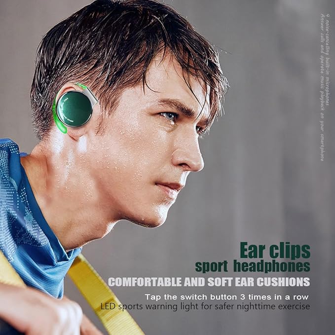 Open-Ear Headphones Bluetooth V5.3, On Ear Headphones Wireless with Earhooks, Ear Clip On Earphones, Sports Headset Bluetooth with 4 Microphones, Noise Cancelling/Long Battery Life