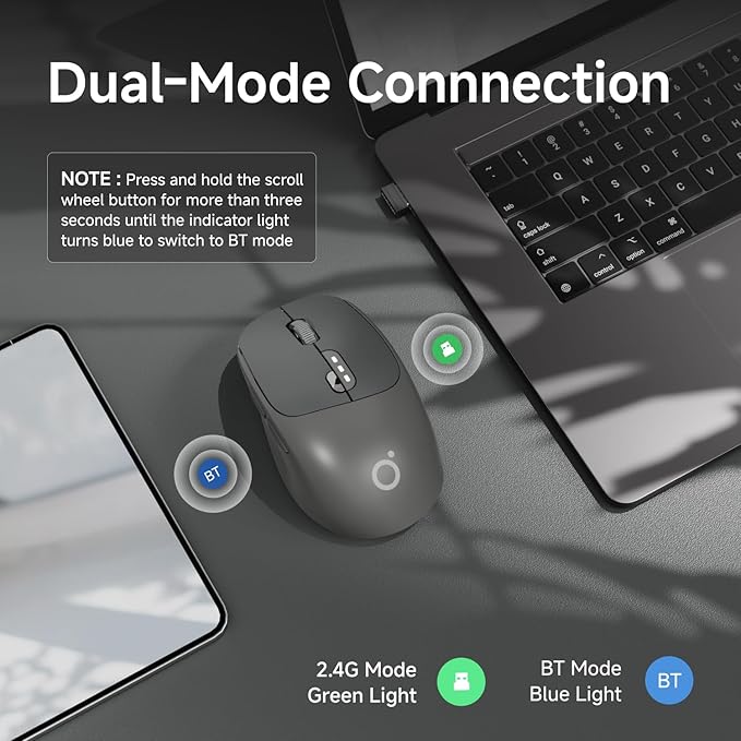 EWEADN Q5 Wireless Mouse, Bluetooth & 2.4G Quiet Computer Mouses with 1600 DPI, Battery Level Display, Ergonomic Office Mouse,6 Button Portable Cute Cordless Mice for Laptop/PC/Mac- Black