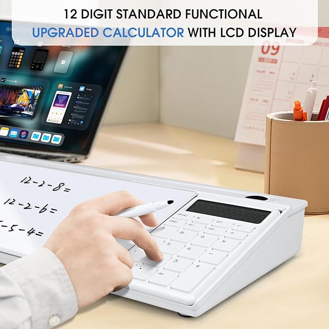 Varhomax Glass Desk Whiteboard with Calculator, Desktop Dry Erase White Board with Storage, to Do List Memo Notepad for Home and Office