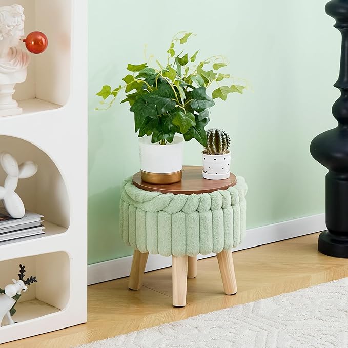 Wimarsbon Storage Ottoman,Soft Faux Fur Footstool with Padded Seat, Small Reading Vanity Chair, Footrest with Wood Tray for Couch, Mini Coffee Table or Display Stand (Light Green, Round Storage)