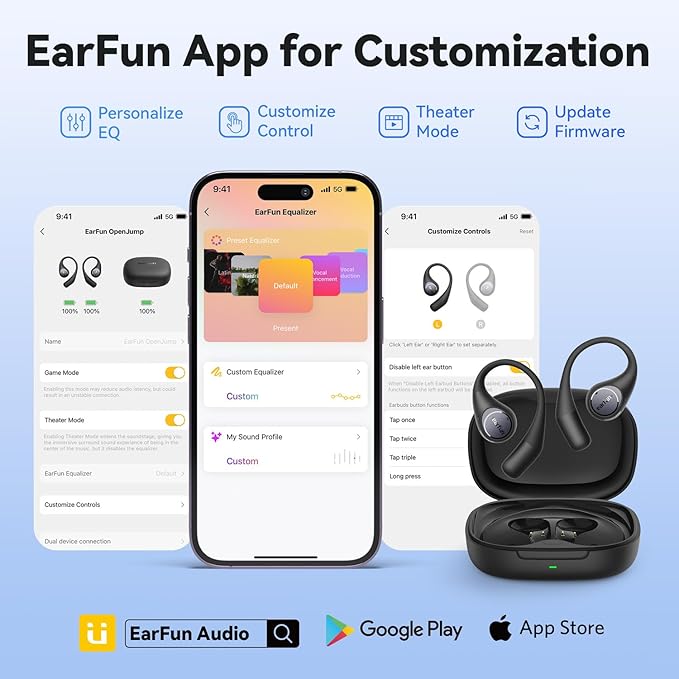 EarFun OpenJump Open Ear Headphones, Wireless Earbuds with Ergonomic Earhook, Hi-Res Sound, LDAC, 4 Mics ENC Call, 42H Playtime, Multipoint Connection, IPX7 Waterproof, Snug Fit for Workout, Running