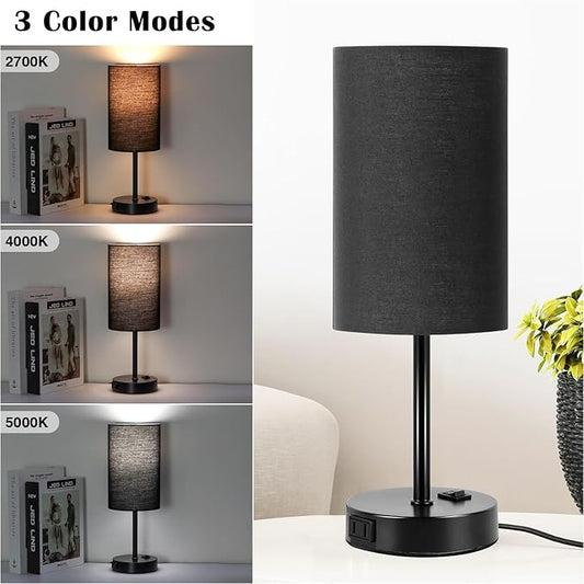 ZJOJO Table Lamp for Bedroom Set of 2, Bedside Small Lamps with 3 Way Dimmable Rocker Switch and AC Outlet, Nightstand Desk Lamp with Black Fabric Shade Black Base for Living Room Home Decor Lights