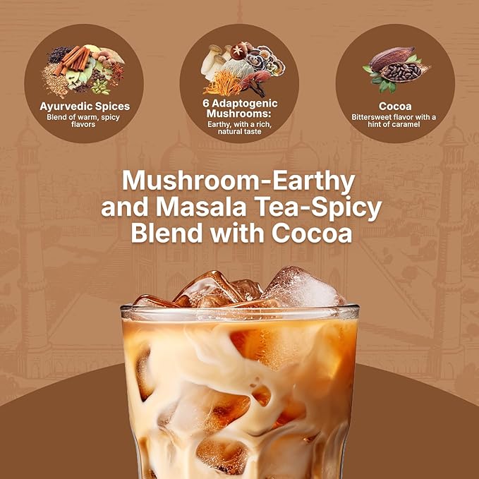 Veltracha Mushroom Chai Tea, Instant Chai Tea Powder with 6 Adaptogenic Mushrooms, Spiced Chai Latte for Energy & Focus Support, 6.35 oz 20 Servings (Classic Cocoa)