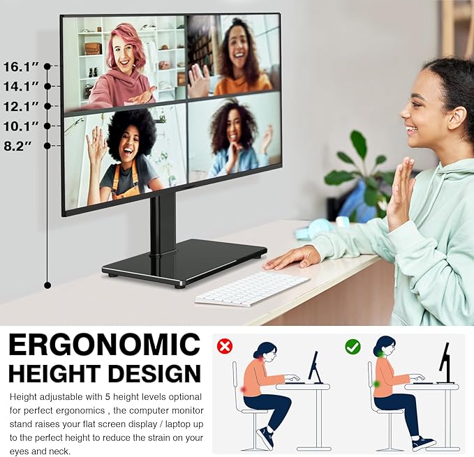 Single Monitor Stand VESA Mount for 13-32 Inch Screens, Free-Standing Monitor Riser with Swivel Tilt Rotation Height Adjustable, Universal Desk Stand up to 44lbs, VESA 75x75, 100x100mm